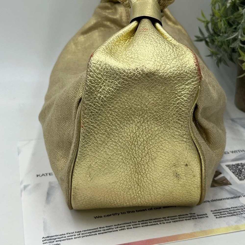 Authenticated Kate Spade Gold Metallic Glitter Canvas Leather Gabi Avalon Hobo‎